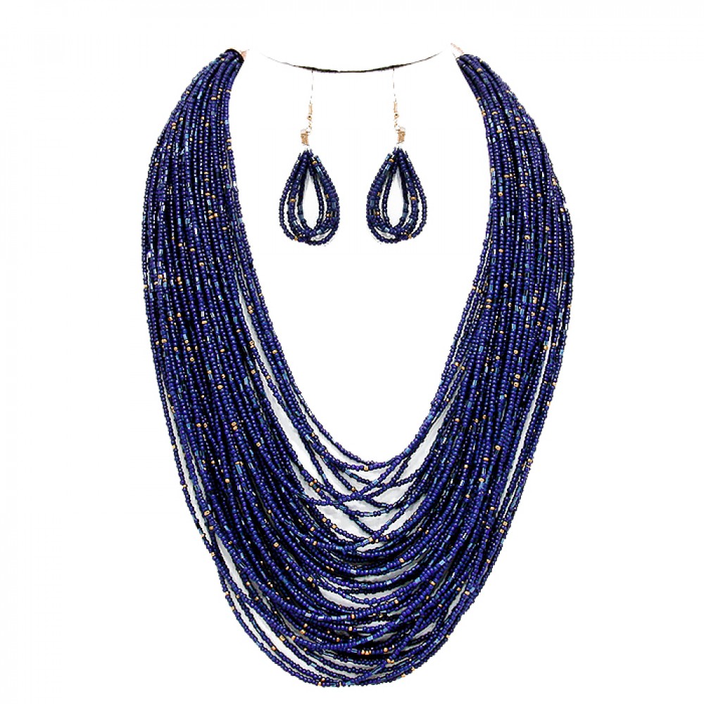 Navy Blue Multi Strand Faceted Stone Beaded Statement Necklace